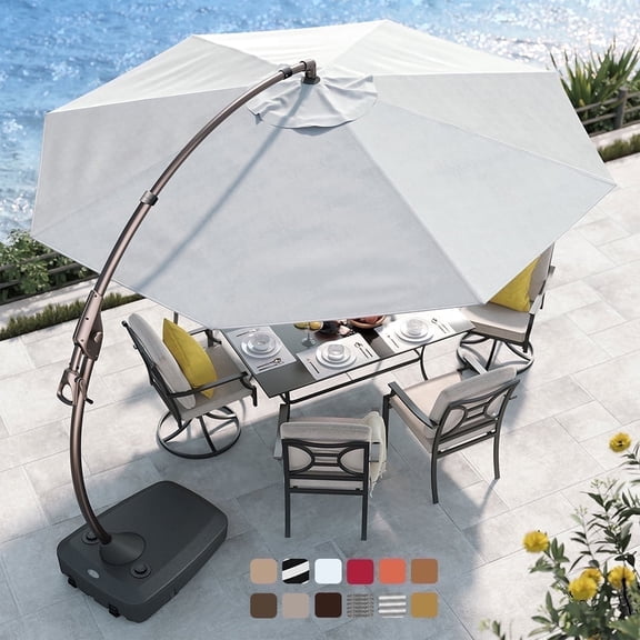 GRANDPATIO Napoli Sunbrella 12ft Round Canteliver Patio Umbrella with Base, Sunbrella Canvas Granite
