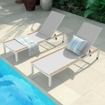 Grand Patio Outdoor Chaise Lounge Set: 2 Mesh Sling Steel Chairs, Woodgrain Texture, Portable Wheels, 4 Adjustable Reclining Positions, Poolside Beach, White, 2PCS