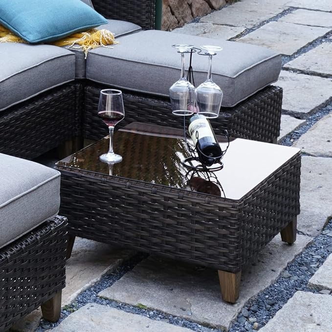 Grand Patio Outdoor Coffee Table Rattan Wicker Side Table, Glass Top