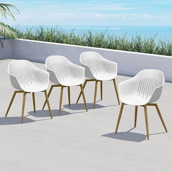 Grand Patio Outdoor Dining Chairs Set of 4 Indoor Modern Recycled Plastic Dining Chair, Aluminum Frame, Woodgrain Legs, Whale Modeling Design for Kitchen, Yard (White)