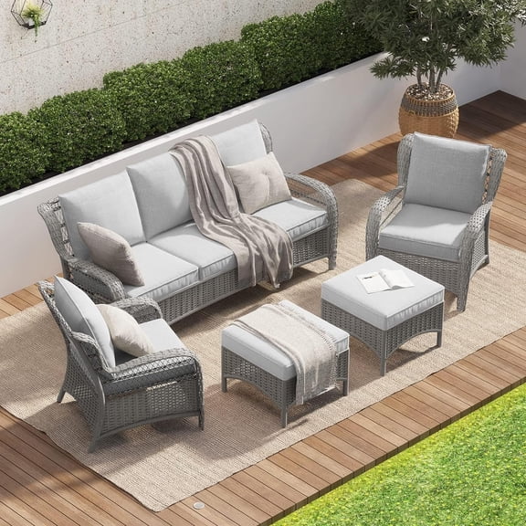 Grand Patio Outdoor Furniture Set, 5-Piece High Back Open Weave All-Weather Wicker Olefin Cushion Patio Conversation Sets with Ottomans, Gray