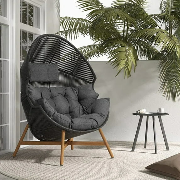 Grand Patio Outdoor & Indoor Oversized Egg Chair with Stand Wicker Lounge Chair with Cushions for Front Porch, Backyard, Bedroom Balcony, Dark Grey