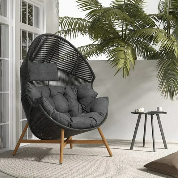 Grand Patio Outdoor & Indoor Oversized Egg Chair with Stand Wicker Lounge Chair with Cushions for Front Porch, Backyard, Bedroom Balcony, Dark Grey