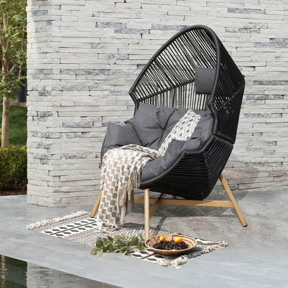 Grand Patio Outdoor & Indoor Oversized Egg Chair with Stand Wicker Lounge Chair with Cushions for Front Porch, Backyard, Bedroom Balcony, Dark Grey