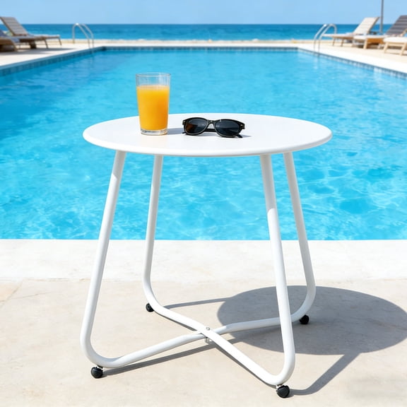 EVERITE Outdoor&Indoor Steel Patio Side Table, Weather Resistant Outdoor Round End Table，White