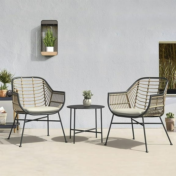 Grand Patio Outdoor Modern Bistro Set with Coffee Table, 3-Piece Wicker Furniture, Boho Style Chair Set with Cushions for Balcony, Porch, Garden