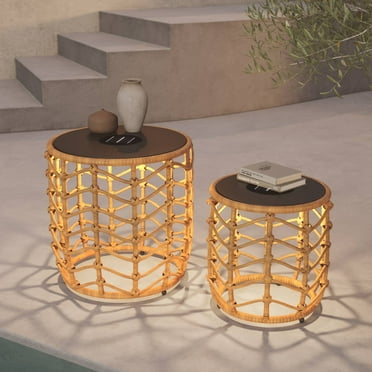 Grand Patio Outdoor Modern Boho Style Wave Wicker End Tables, Built-in Solar Lights, Natural Brown (Set of 2)