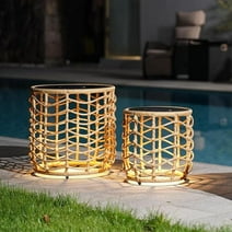 Grand Patio Outdoor Nesting Tables Set of 2, Built-in Solar Lights, Weather-Resistant Wicker, Boho Style for Balcony and Porch, Natural, Wave Pattern