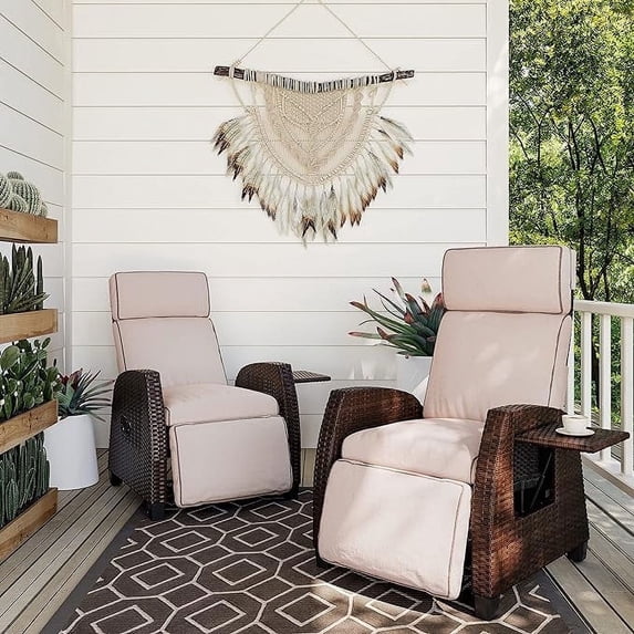 Grand Patio Outdoor Recliners Set of 2 Patio Recliner Chair, All-Weather Wicker Reclining Patio Chairs, Flip-up Side Table, Recliner Chair, Flax
