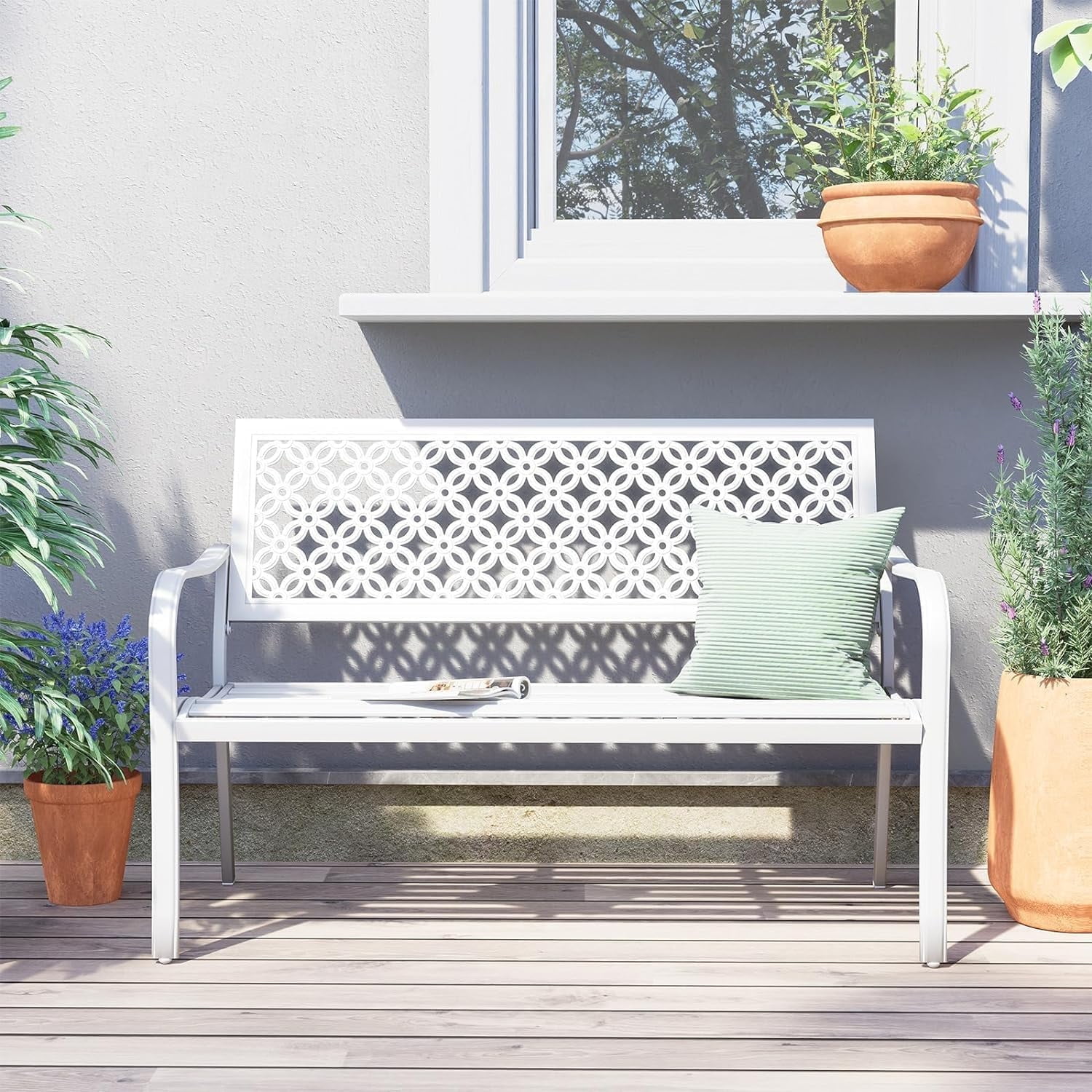 Grand Patio Outdoor Steel Bench, Garden Metal Porch Bench w/ Geometric ...