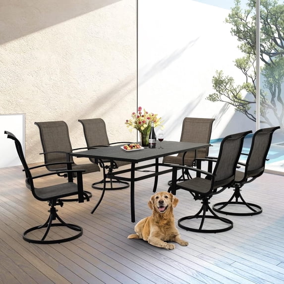 Grand Patio 7 Piece Outdoor Swivel Dining Set with Padded Chairs and Woodgrain Steel Table, Mixed Coffee