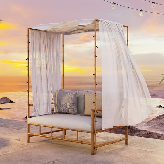 Grand Patio Outdoor Canopy Loveseat Warsaw Bohemian Style - Bamboo Grain Steel - 2 Person, White