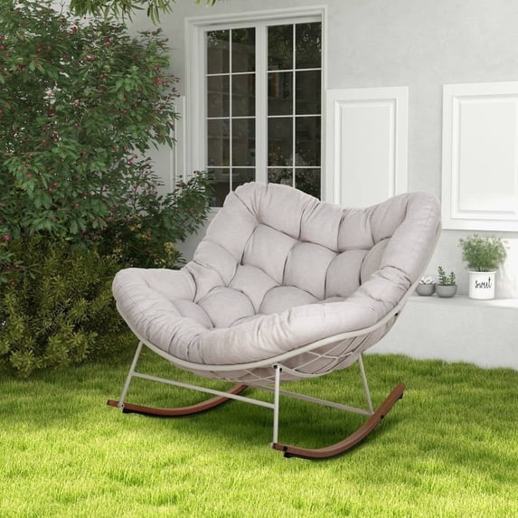Grand Patio Royal Adult Steel Frame Indoor/Outdoor Rocking Chair with Padded Cushion,Oversized Papasan Rocker, Beige
