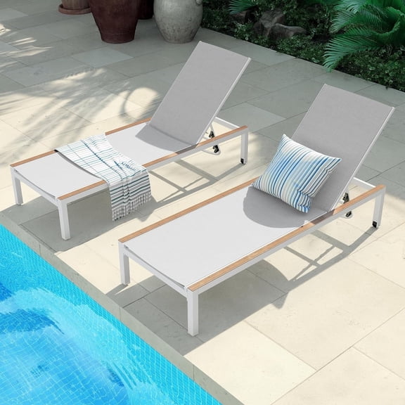 Grand Patio Outdoor Chaise Lounge Set: 2 Mesh Sling Steel Chairs, Woodgrain Texture, Portable Wheels, 4 Adjustable Reclining Positions, Poolside Beach, White, 2PCS