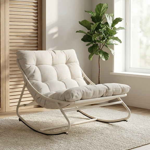 Grand Patio Steel Rocking Chair Indoor & Outdoor for All Ages, Patio Lounge Chair with Thick Cushion for Relaxing Reading Napping in  Front Porch, Backyard,Beige