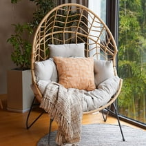 Grand Patio Wicker Oversized Egg Chair with Stand Boho Outdoor & Indoor Stationary Lounge Chair w/ Cushion for Patio Porch Living Room, Tan