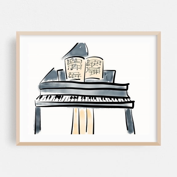Grand Piano - Digital Art Music Illustration Sketch Watercolor Modern Art Oak Framed Wall Art Print 5 x 7 inches
