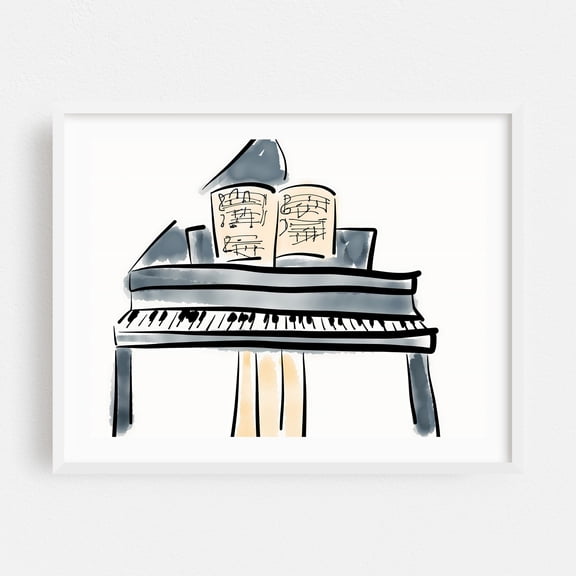 Grand Piano - Digital Art Music Illustration Sketch Watercolor Modern Art White Framed Wall Art Print 5 x 7 inches