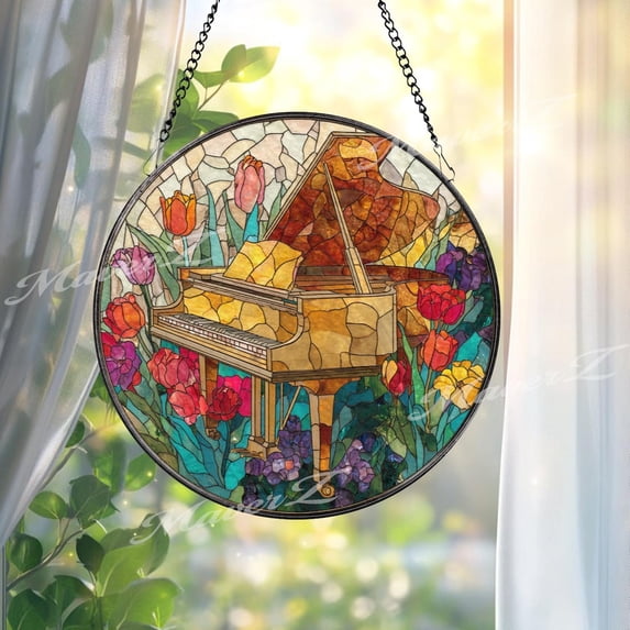 Grand Piano Glass Suncatcher, Round Floral Music Window Panel, Colorful Art, 6.3 in
