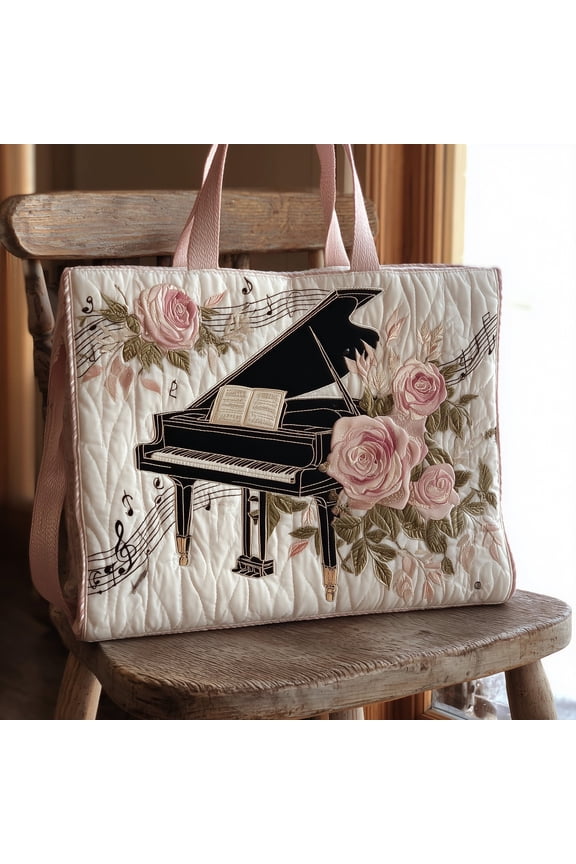 Grand Piano Quilted Tote Bag, Soft Quilted Music Theme Shoulder Bag