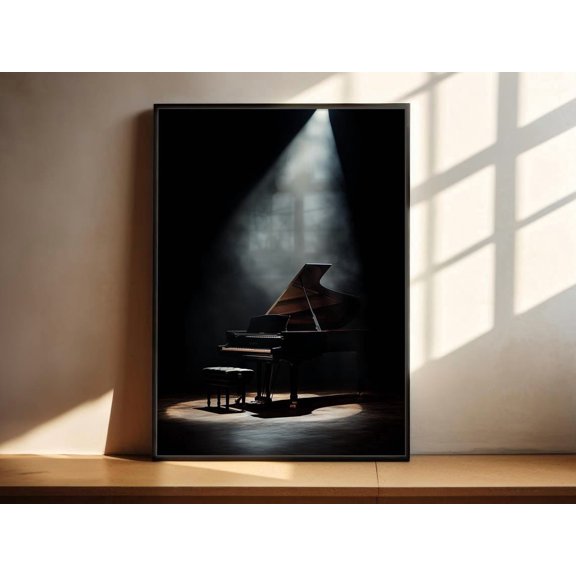 Grand Piano Wall Art Dark Stage Spotlight Print Moody Music Music Studio Decor, Unframed Paper Print