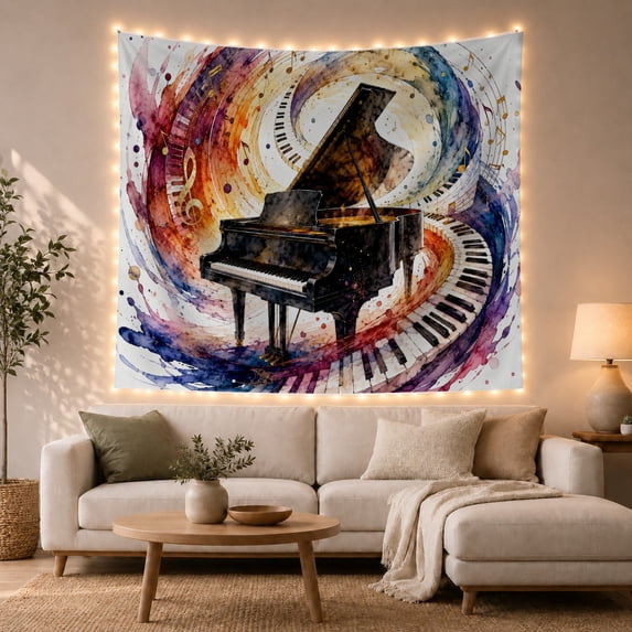 Grand Piano Within a Rainbow Note Vortex, Playful Watercolor for Music Lovers, Instrument Art, Housewarming Gift, Tapestry Wall Hanging for Studio and Living Room