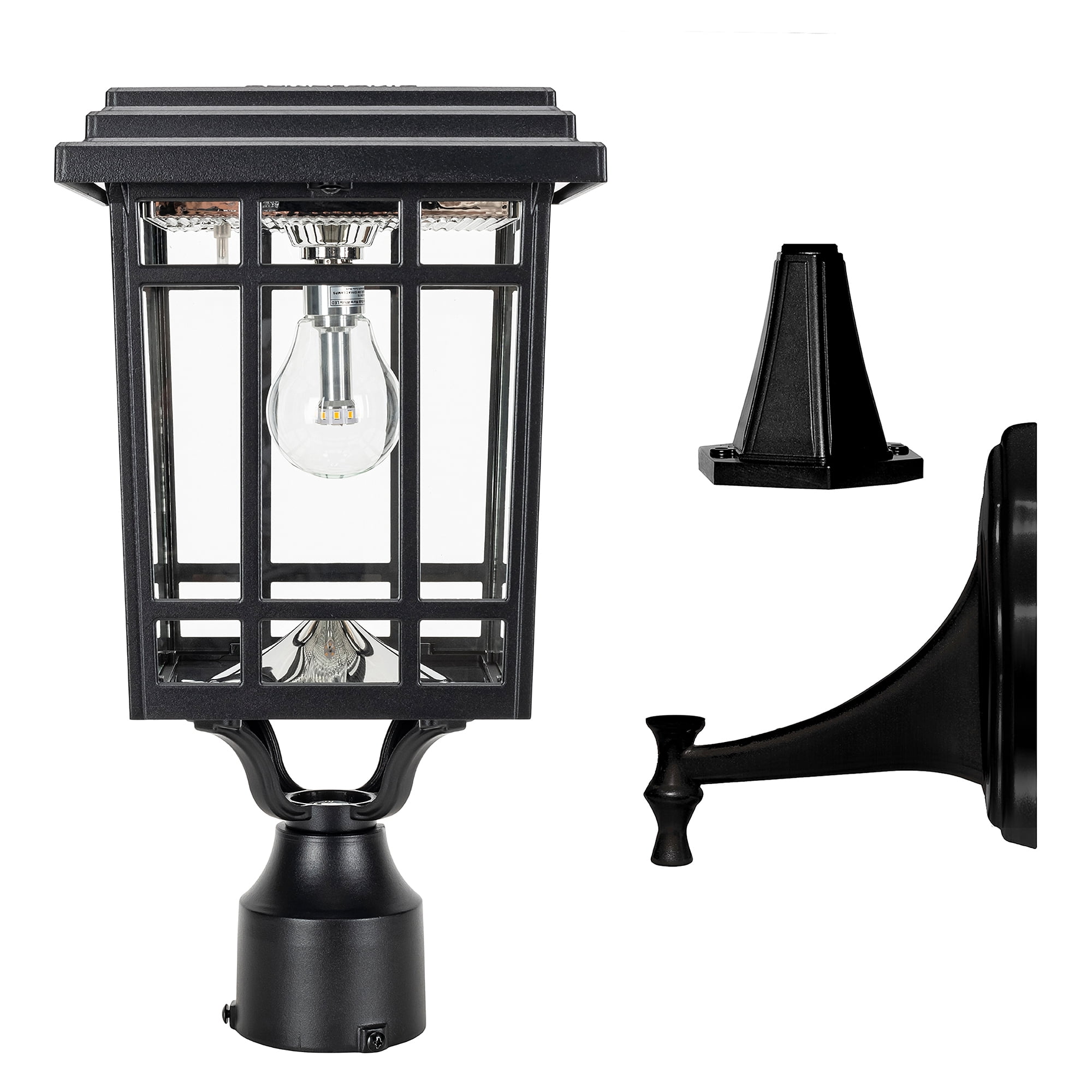 Grand Prairie Black Solar LED Lamp Post with Glass Panels