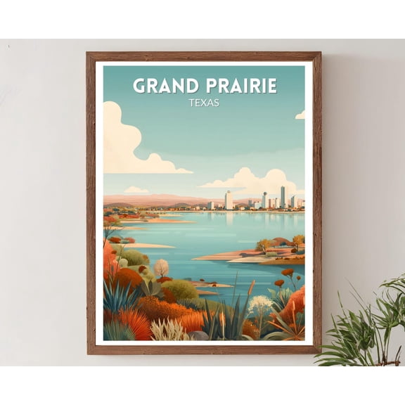 Grand Prairie Texas Retro Travel Mid Century Modern Vintage Cityscape North America Decor, Unframed Poster