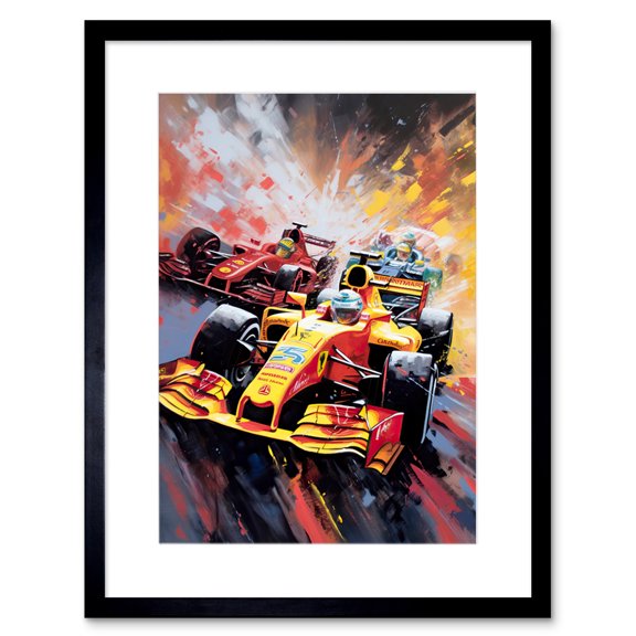 Grand Prix Championship Cars Racing on Track Artwork Framed Wall Art Print 9X7 Inch