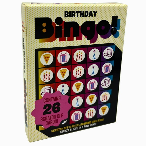 Grand Prix International: Bingo Scratch Card Game: Birthday - Entertaining Party Activity, Reveal 5 Pizza Slices In A Row To Win, 26 Themed Cards