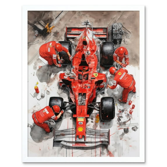 Grand Prix Race Car Wheel Change Aerial Shot Art Print Framed Poster Wall Decor 12x16 inch