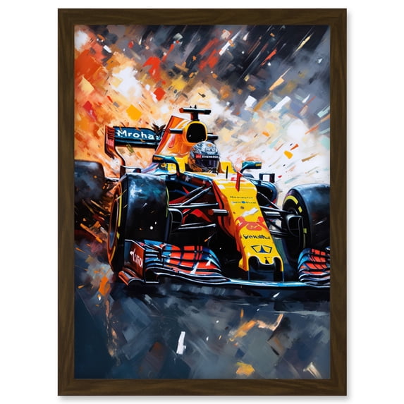 Grand Prix Race Car in Action on Track Circuit Artwork Framed Wall Art Print A4