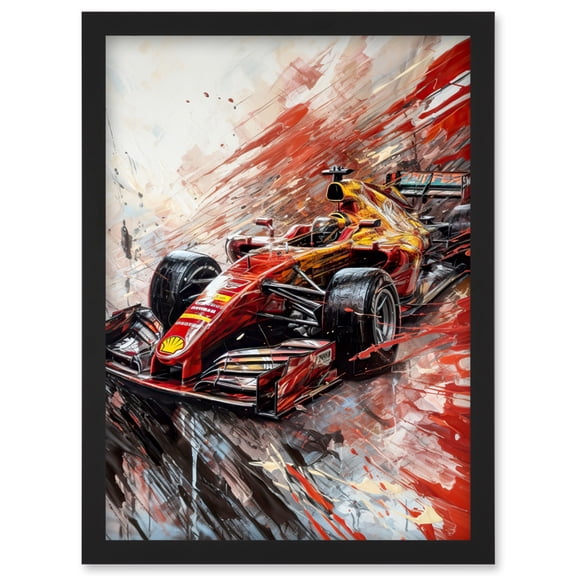 Grand Prix Red Race Car Action Shot Paint Splat Artwork Framed Wall Art Print A4