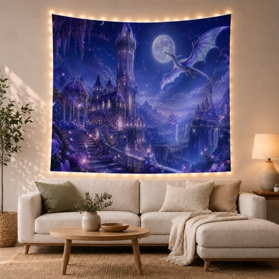 Grand Purple Dragon Flying Above Moonlit Castle, Dramatic Fantasy Style for Dragon Lovers, Castle Wall Art, Birthday Gift Tapestry Wall Hanging for Bedroom and Dorm