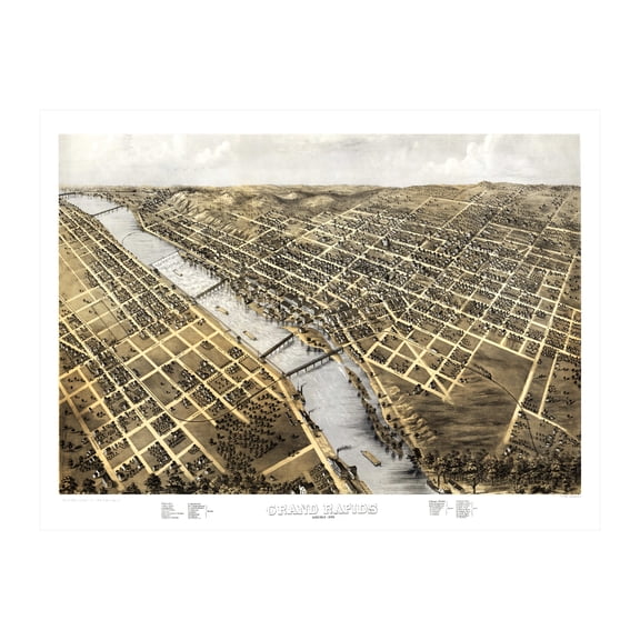 Grand Rapids Art, 1868 Vintage Map of Grand Rapids Michigan, MI History Wall Decor Gift, Old Grand Rapids Map - 24" x 18" Unframed Print