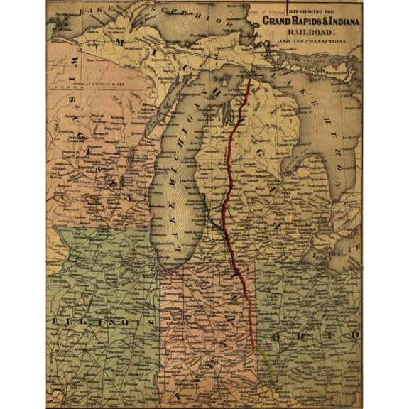 Grand Rapids & Indiana Railroad; Advertising map covering Michigan and vicinity. Poster Print (24 x 36)