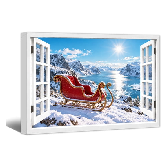 Grand Sleigh Window Canvas Wall Art Christmas Sunny Alpine Fjord Prints, Warm Nostalgic Artwork Paintings for Living Room Bedroom Home Wall Decor