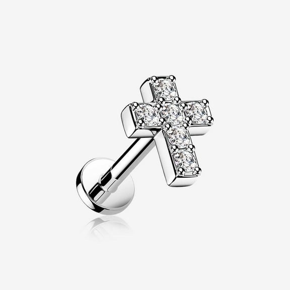Grand Sparkle Cross Top Internally Threaded Steel Flat Back Stud Labret