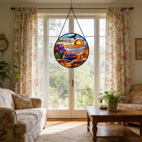 Grand Sunset Stained Glass Window Hanging, 10 Inch Round Suncatcher Panel with Chain, Colorful Nature Art Wall Decor for Bedroom, Living Room, Entryway
