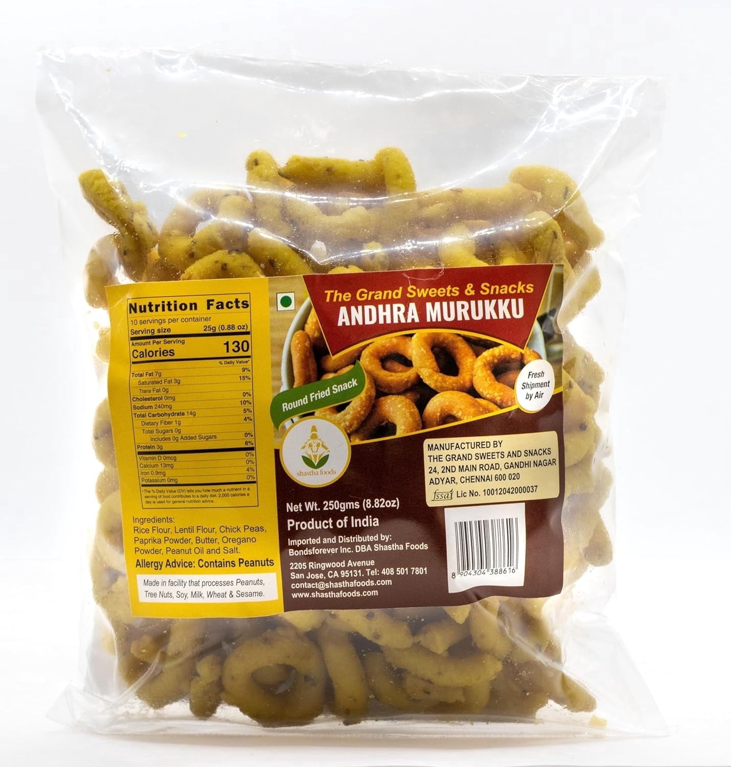Grand Sweets and Snacks Andhra Murukku, 250g Plastic Pouch (pack of 5), Gluten-Free Savory Snack