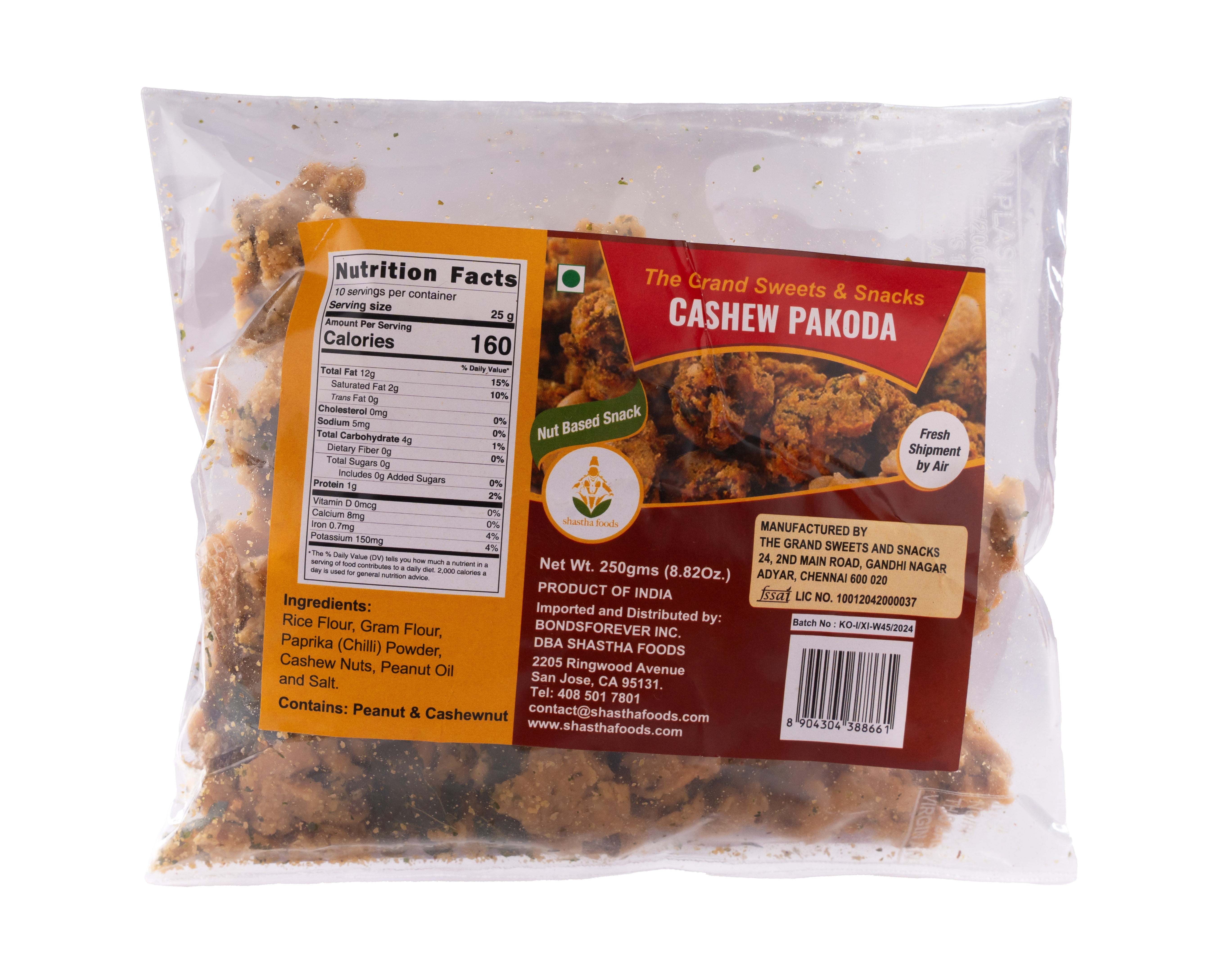Grand Sweets and Snacks Cashewnut Pakoda, Shelf-Stable Savory Snack, 250 Gms (pack of 2)