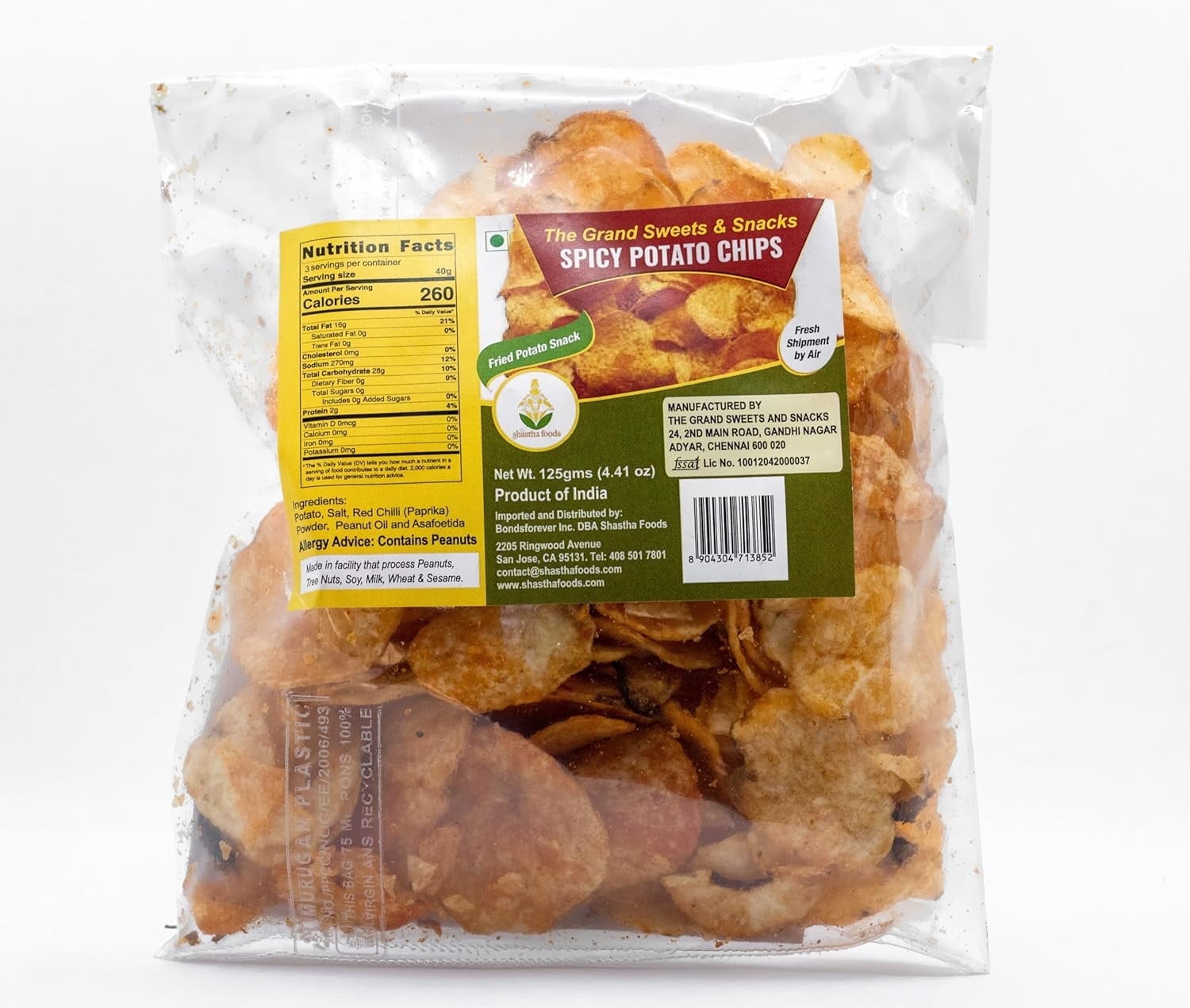Shastha Grand Sweets and Snacks Spicy Potato Chips in Plastic Bags, 125g, pack of 2