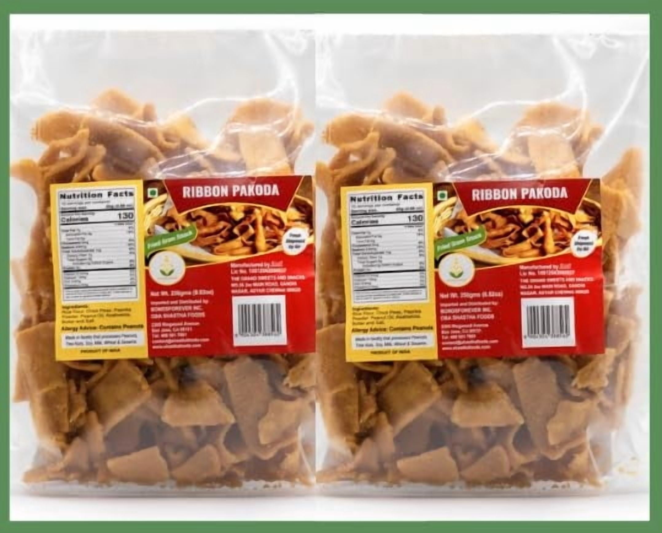 Grand Sweets and Snacks Ribbon Pakoda, pack of 2 - Plastic Pouch, Each Packet Has 250 G, Whole Food Form - Contains Wheat - Vegetarian