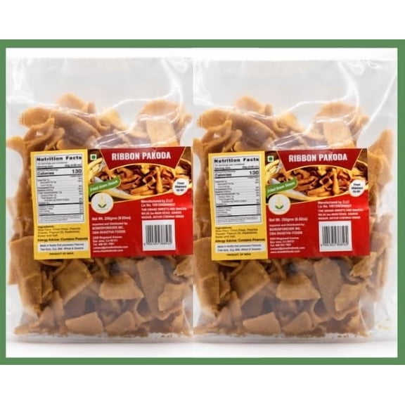 Grand Sweets and Snacks Ribbon Pakoda, pack of 2 - Plastic Pouch, Each Packet Has 250 G, Whole Food Form - Contains Wheat - Vegetarian