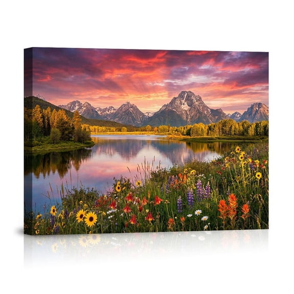 Grand Teton Mountain Range At Sunset With Wildflowers Serene Wyoming Nature Landscape For Home Canvas