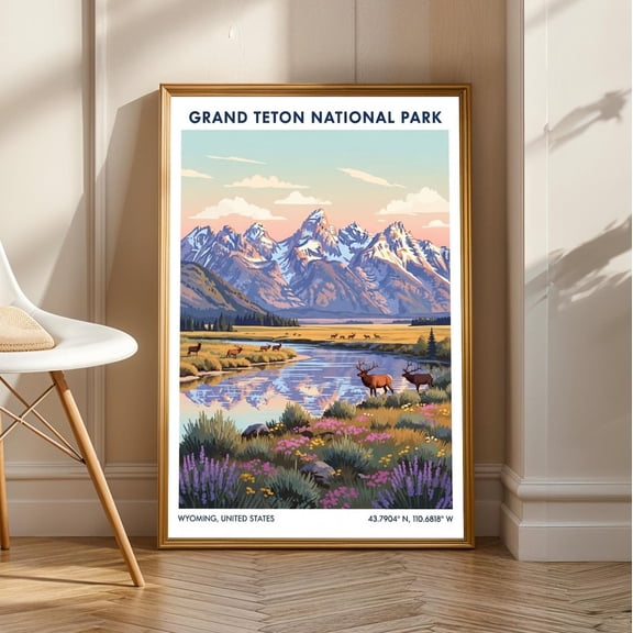 Grand Teton National Park Art Print – Blue And Pink And Purple And Green And Yellow Illustration | Contemporary Landscape Wall Art, Unframed Canvas Size 24x36