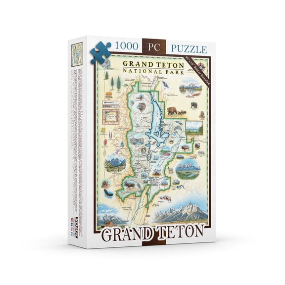 Grand Teton National Park Map Cardboard Jigsaw Puzzle - 1000 Pieces, Hand-Illustrated - Educational, Family Activity, Ages 7+, Includes Poster - 25.4 x 19.8