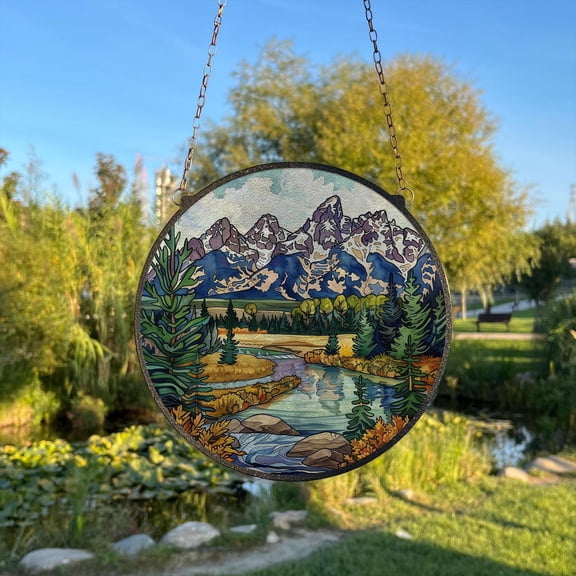 Grand Teton National Park Painted Stained Glass Suncatcher, Window Hanging Decor, Outdoor Sun Catcher Decor, National Park Wall Decor