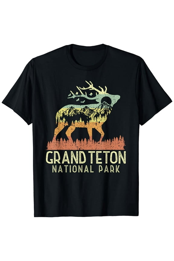Grand Teton National Park Retro Mountain Vintage Men's Short Sleeve T-Shirt Black Casual Tee