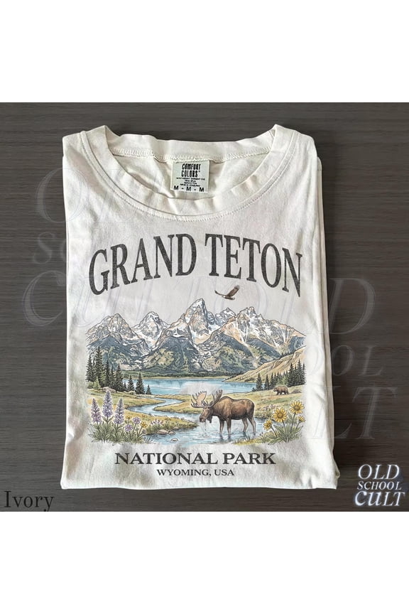 Grand Teton National Park Vintage 90s Graphic T-Shirt, Retro Comfort Colors® Wyoming Mountain Lake USA Nostalgia Moose Unisex Tee